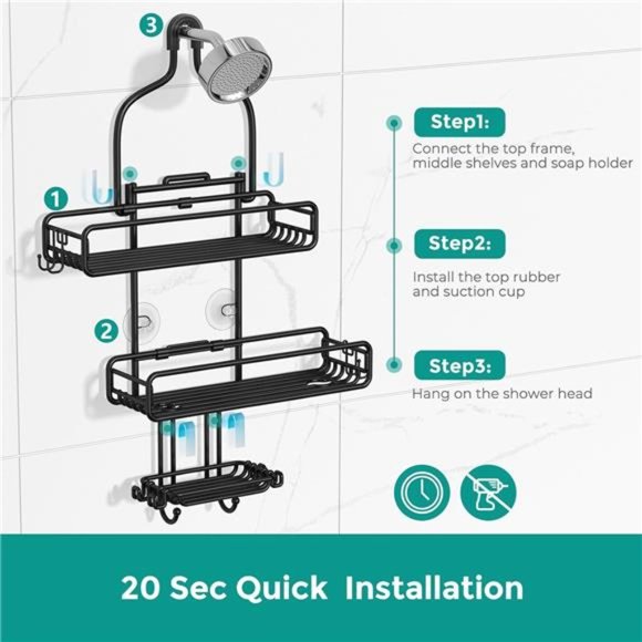 Adjustable Large Shower Organizer - Rust Proof Bathroom Shelf w/ 3-Tier Baskets - Picture 4 of 7